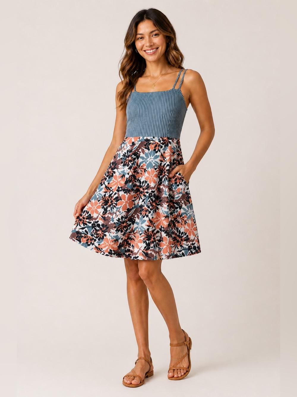 Pact Lake Blossoms/Lake Stripe Fit & Flare Strappy Dress XL NWT Organic Cotton